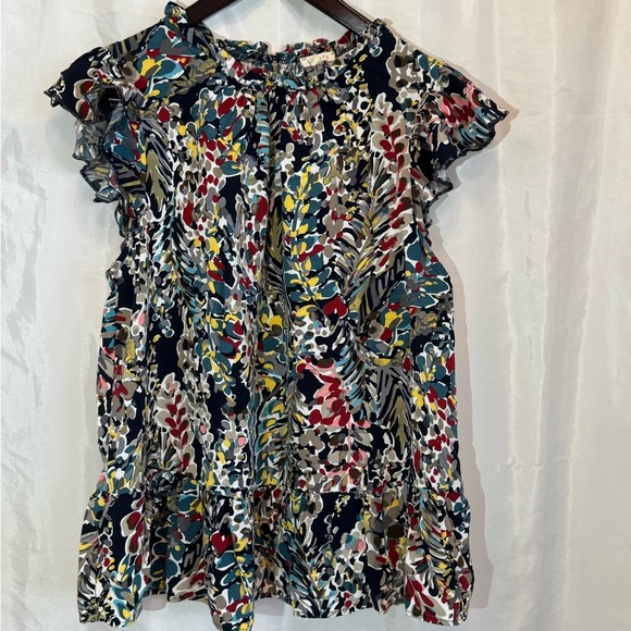 Jodifl Ruffle Sleeve Floral Blouse Multicolor Tiered Top Size L-Peter Pan Collar - Picture 1 of 6